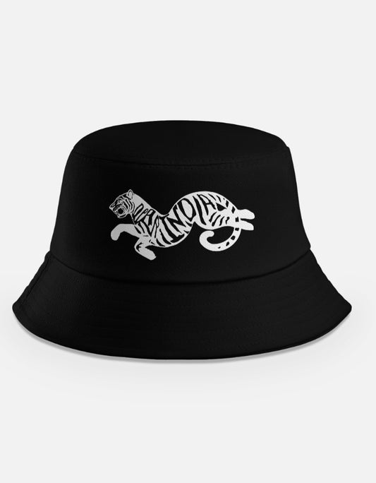 Black cotton bucket hat with the Dear India tiger embroidered on the front