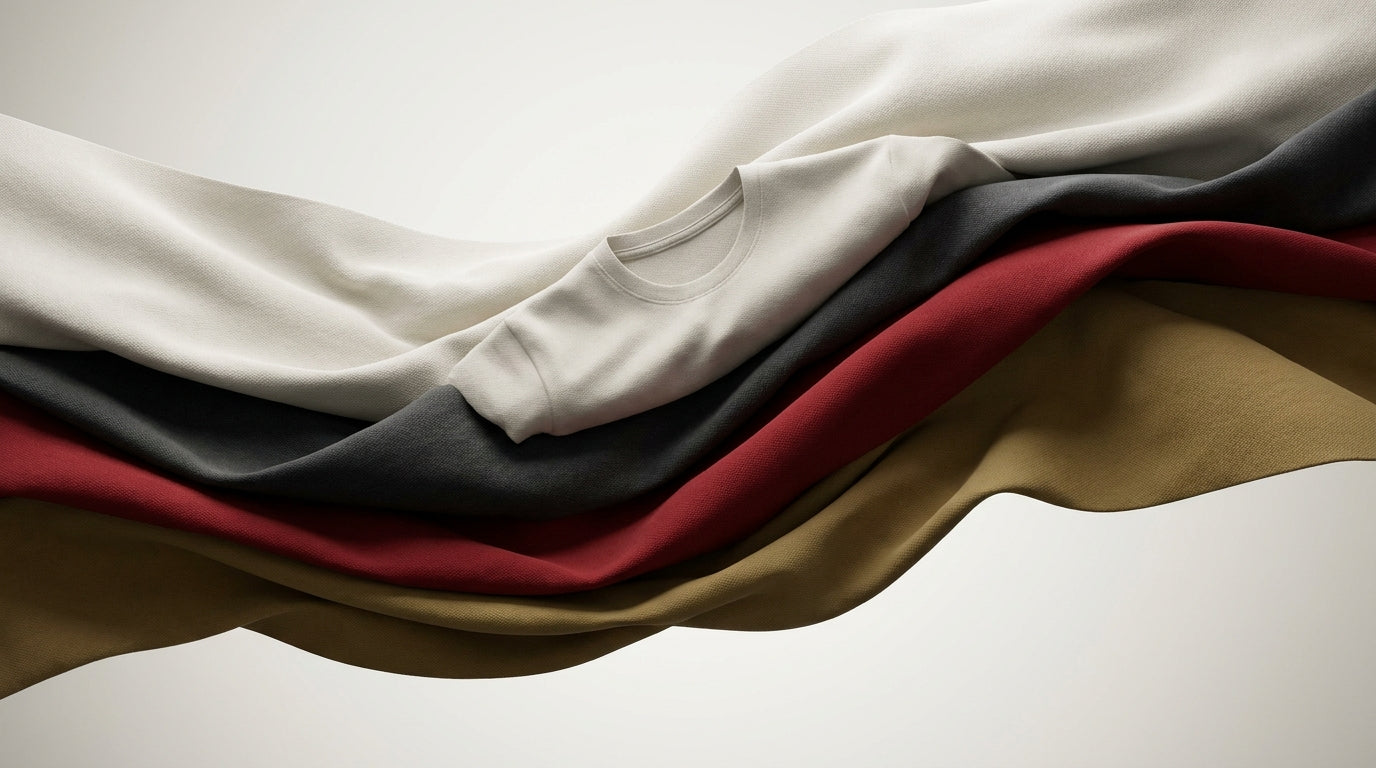 Stack of folded fabric in various colors on a neutral background