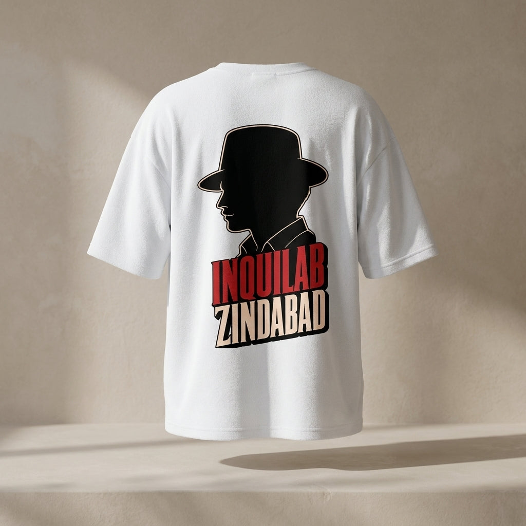 White t-shirt with a black silhouette and text design on a beige background