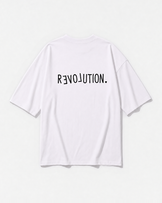 A 'Rloveution' revolution-and-love graphic printed across the back of a white oversized t-shirt by Dear India